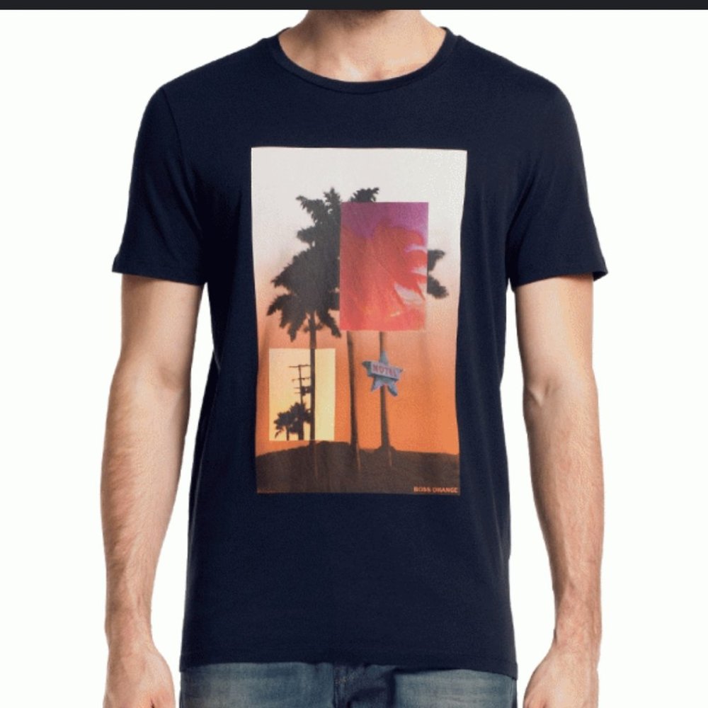 Hugo Boss Orange Temyo 3 Palm Tree Crew Neck T Shirt in Dark Navy Blue - Sz XL